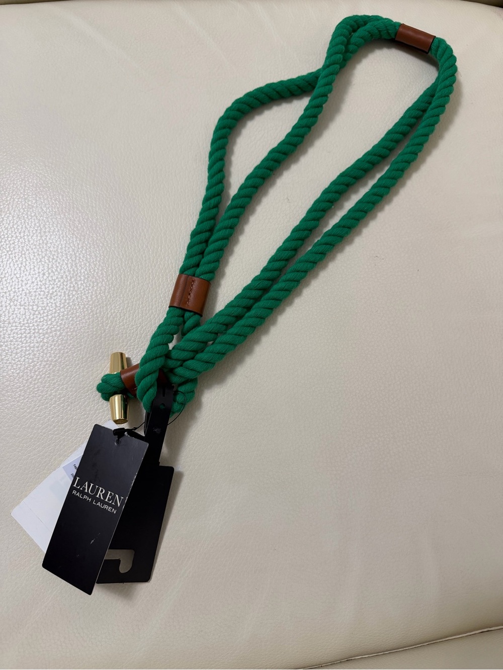 Lauren Ralph Lauren Emerald Green Rope Lanyard with Brown Leather Accents